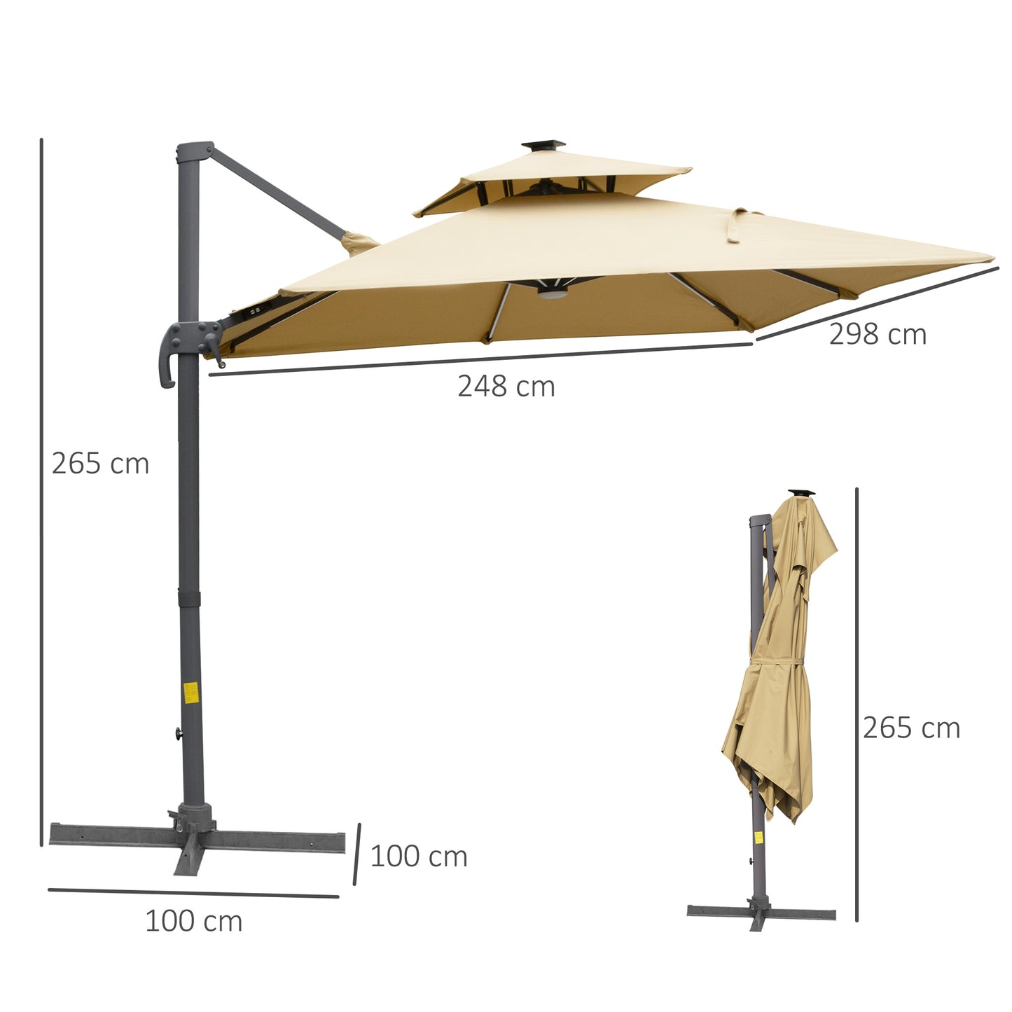 Outsunny 3m Cantilever Parasol, Outdoor Offset Patio Umbrella, Solar LED Lighted Hanging Sun Shade Canopy with Tilt and Crank Handle, Cross Base for Lawn, Khaki