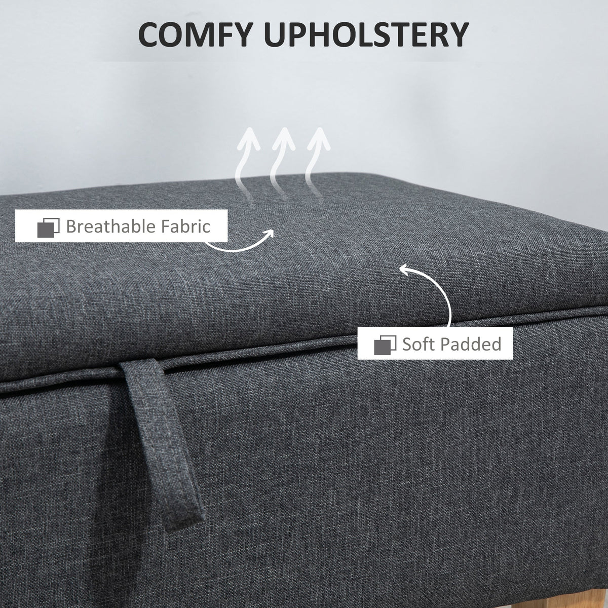 HOMCOM 30L Linen Storage Ottoman Padded Footstool with Rubberwood Legs for Storage Box, Bed End, Shoe Bench, Seating, Dark Grey