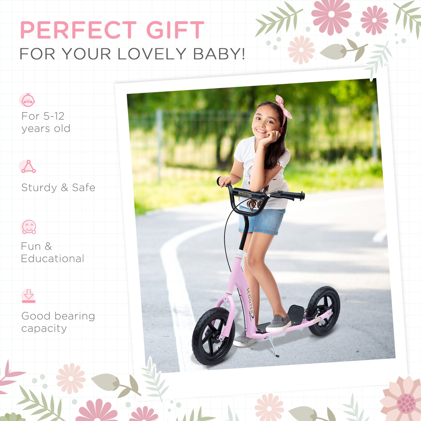 HOMCOM Kids Scooter Kick Scooter, with 12" EVA Tyres, Rear Brake, Big Wheels Scooter for 5-12 Years , Pink