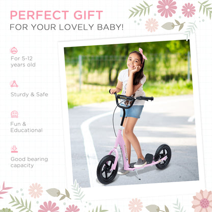 HOMCOM Kids Scooter Kick Scooter, with 12" EVA Tyres, Rear Brake, Big Wheels Scooter for 5-12 Years , Pink