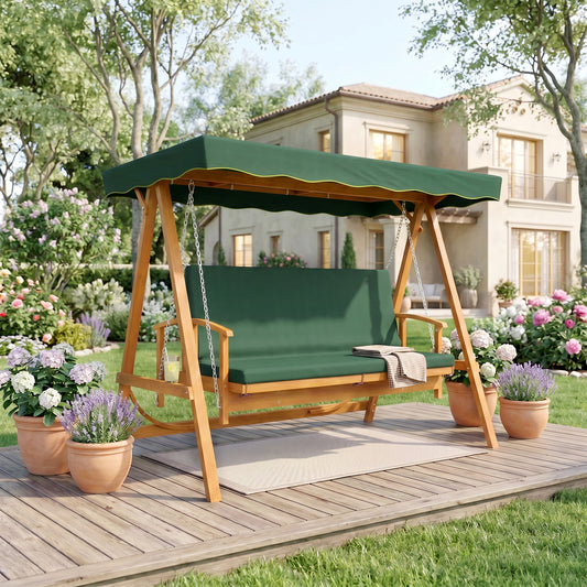 Outsunny 3 Seater 2-in-1 Wooden Garden Swing Seat in Dark Green