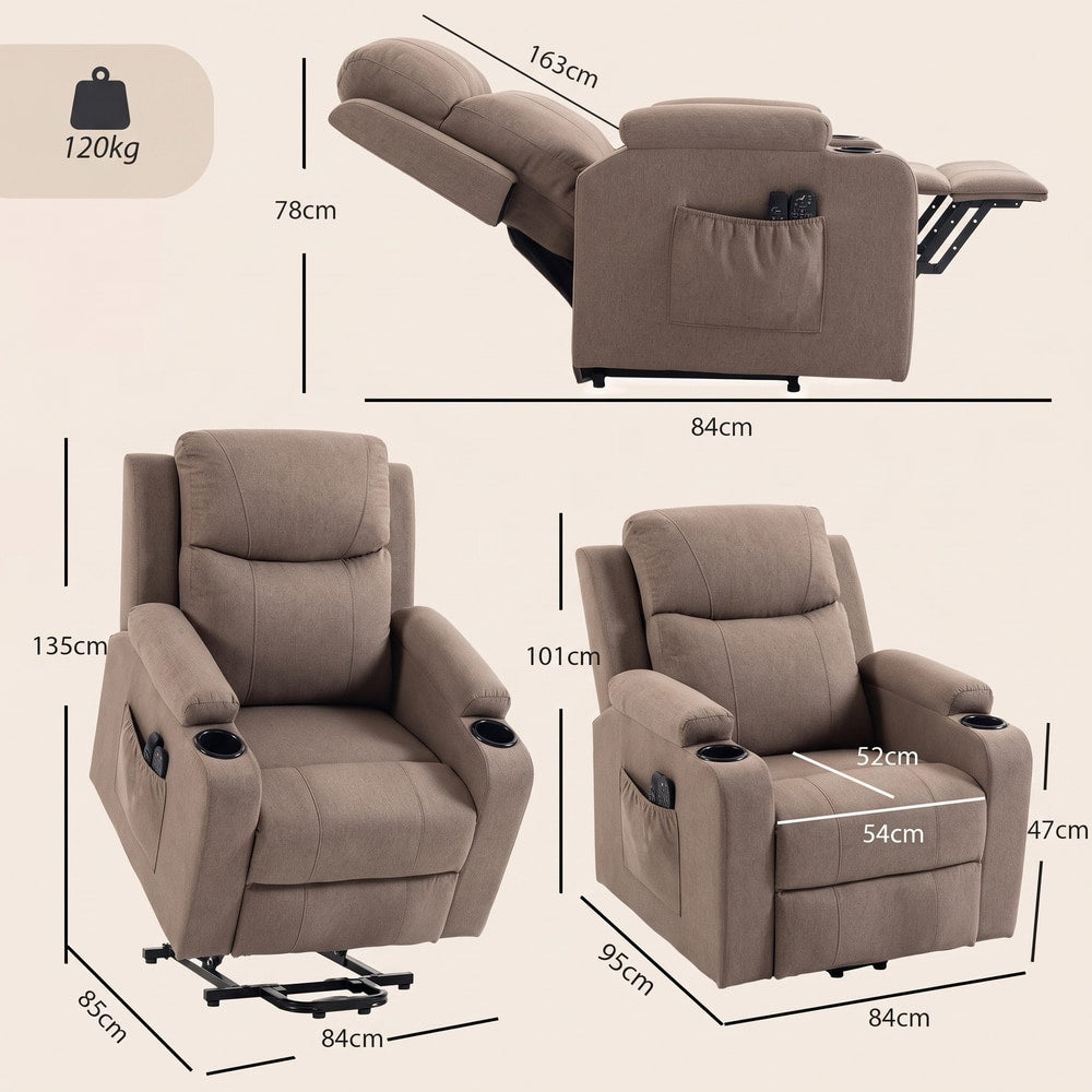 HOMCOM Riser Recliner Chair with Massage and Heat, Linen Electric Lift Armchair for Elderly with Spring Cushion, Brown