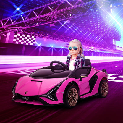 HOMCOM Lamborghini Sian مرخصة 12 فولت للأطفال سيارة كهربائية ركوب بمحركين لعبة سيارة مع جهاز تحكم عن بعد أضواء موسيقى MP3 لعمر 3-5 سنوات وردي