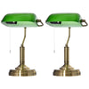 HOMCOM Banker's Table Lamps Set of 2, Desk Lamps with Antique Bronze Tone Base, Green Glass Shade and Pull Rope Switch for Home Office, Living Room, Bedroom, Dining Room, Green