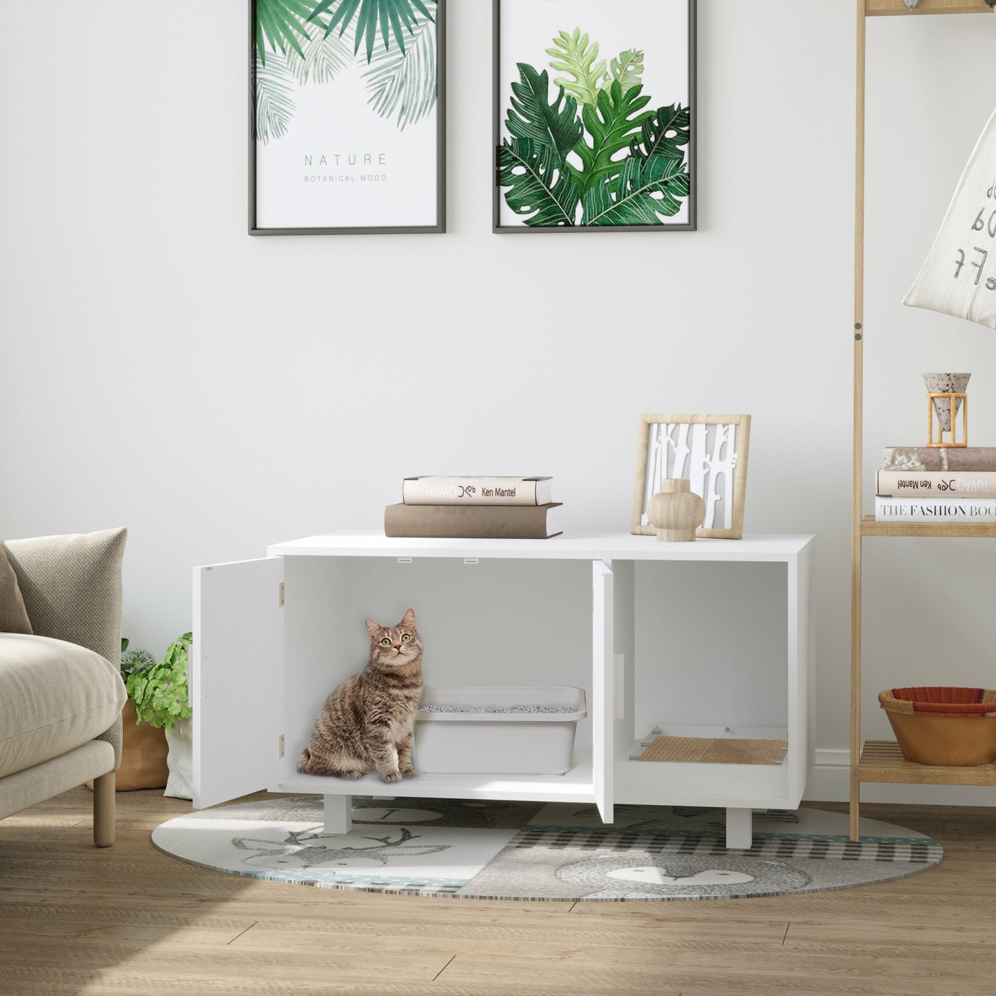 PawHut قفص وبيت خشبي لفضلات القطط بتصميم طاولة جانبية/طاولة سرير، مع خدّاشة وأبواب مغناطيسية، أبيض