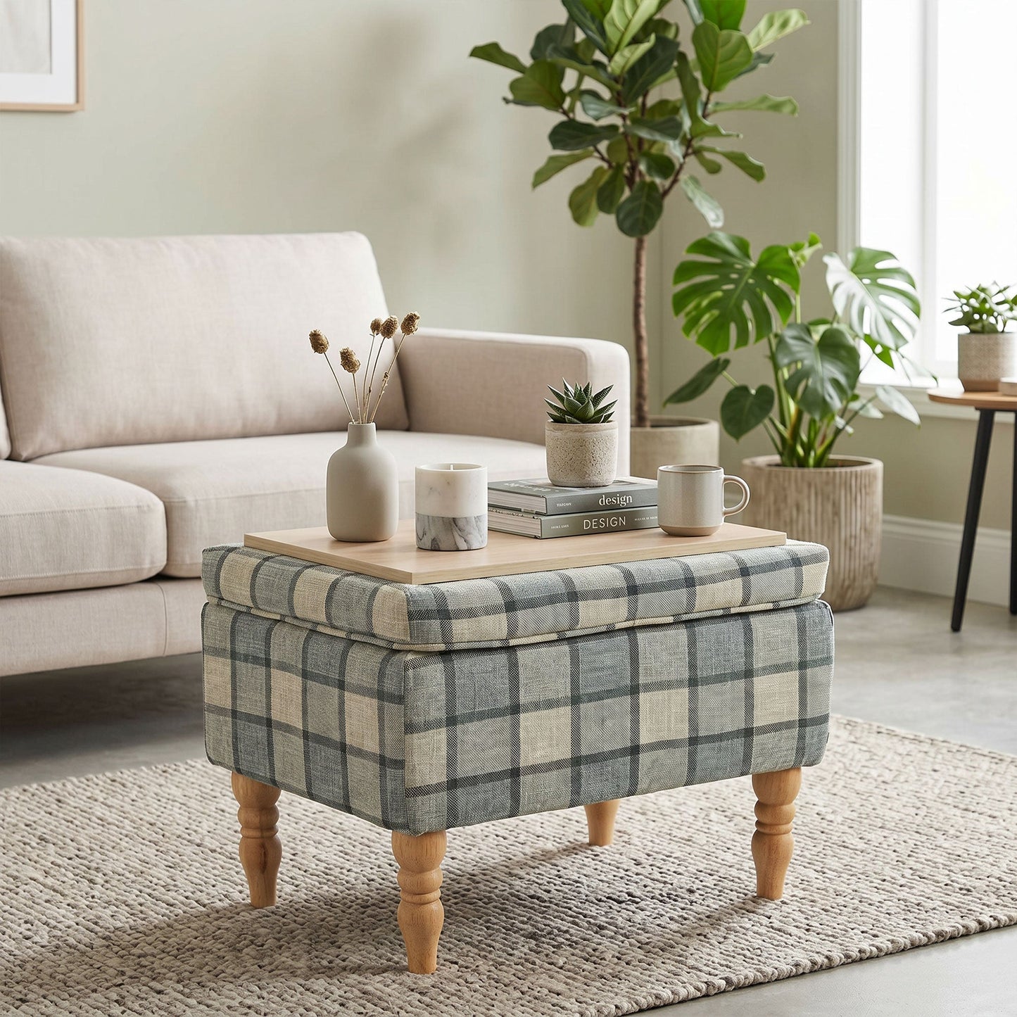 HOMCOM Linen Fabric Upholstered Footstool, Rectangular Storage Stool with Removable Top, Padded Seat and Hidden Space, Grey