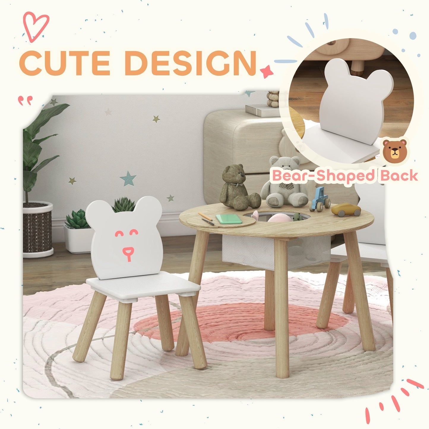 AIYAPLAY 3-Piece Kids Activity Table Set with Centre Mesh Bag, Bear-Shaped Backrest, for Arts and Crafts, Reading, Dining