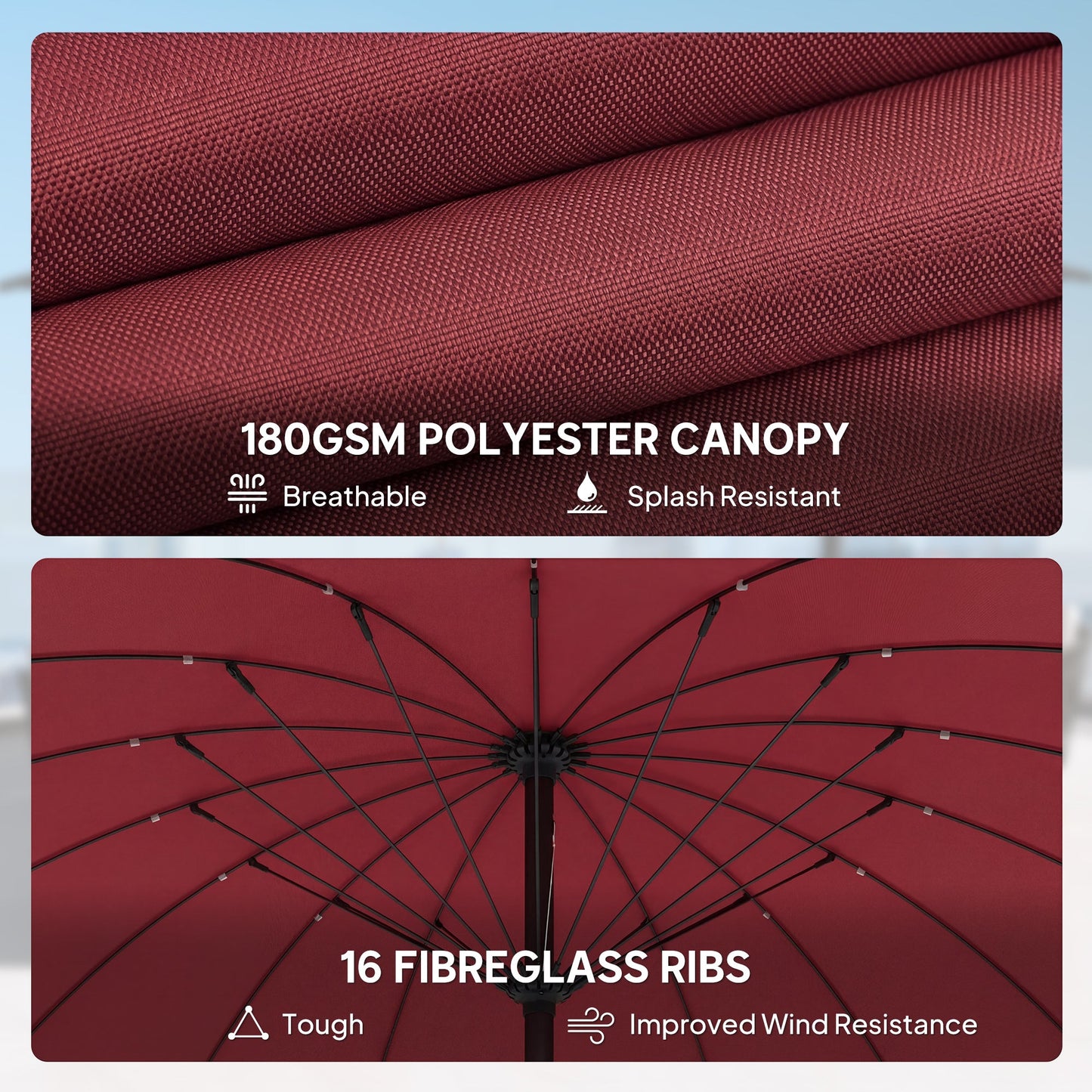 Outsunny 2 m Shanghai Garden Parasol Umbrella with 16 Fibreglass Ribs, Outdoor Parasol Sun Shade with Crank & Tilt, Wine Red
