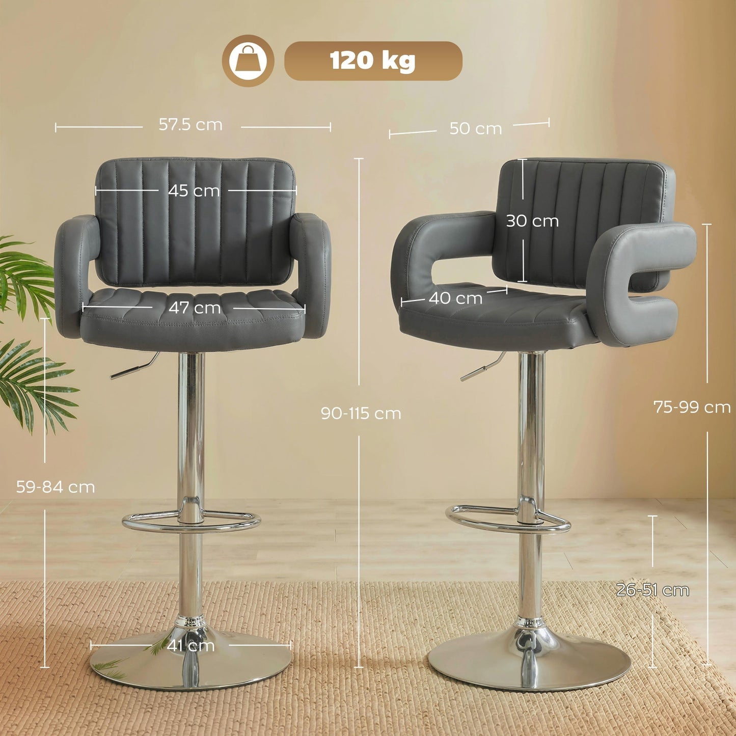 HOMCOM Bar Stools Adjustable Swivel Kitchen Chairs with Backrest Armrest Set of 2 PU Leather Grey