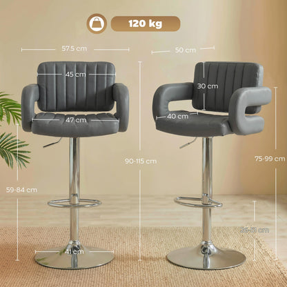 HOMCOM Bar Stools Adjustable Swivel Kitchen Chairs with Backrest Armrest Set of 2 PU Leather Grey
