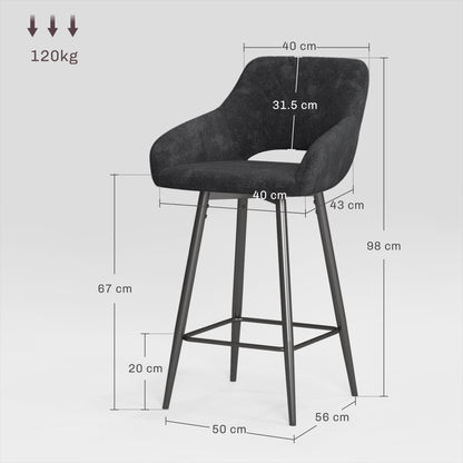 HOMCOM Set of Two Velvet-Feel Bar Stools in Dark Grey