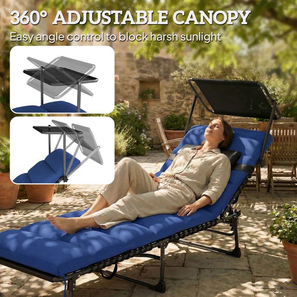 Outsunny Folding Sun Lounger with Canopy in Dark Blue