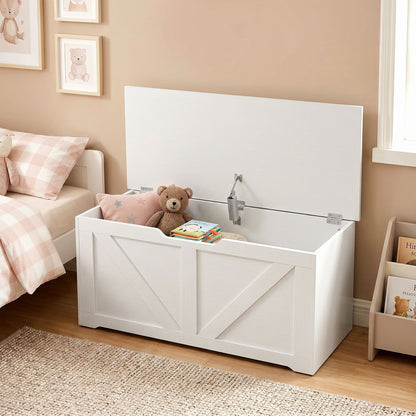 HOMCOM 100L Home Storage Box, with Safety Hinge - White Wood-Effect