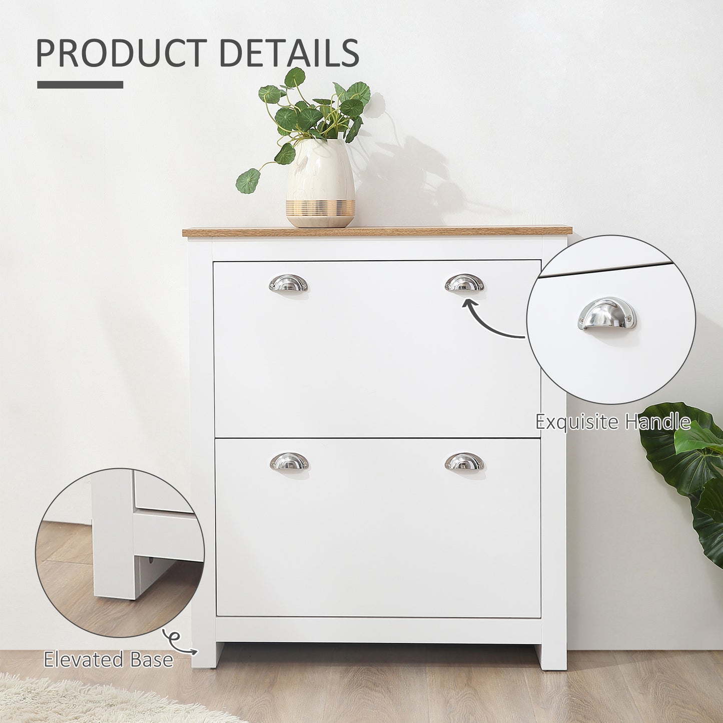 HOMCOM 2 Drawer Shoe Cabinet Modern Narrow Shoe Cupboard Hallway Wooden Storage Organiser with Flip Doors Adjustable Shelf for 6-12 Pairs, White