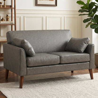 HOMCOM 2 Seater Sofa, 132 cm Modern Small Sofa with Solid Wood Legs and 2 Pillows for Small Space, Grey