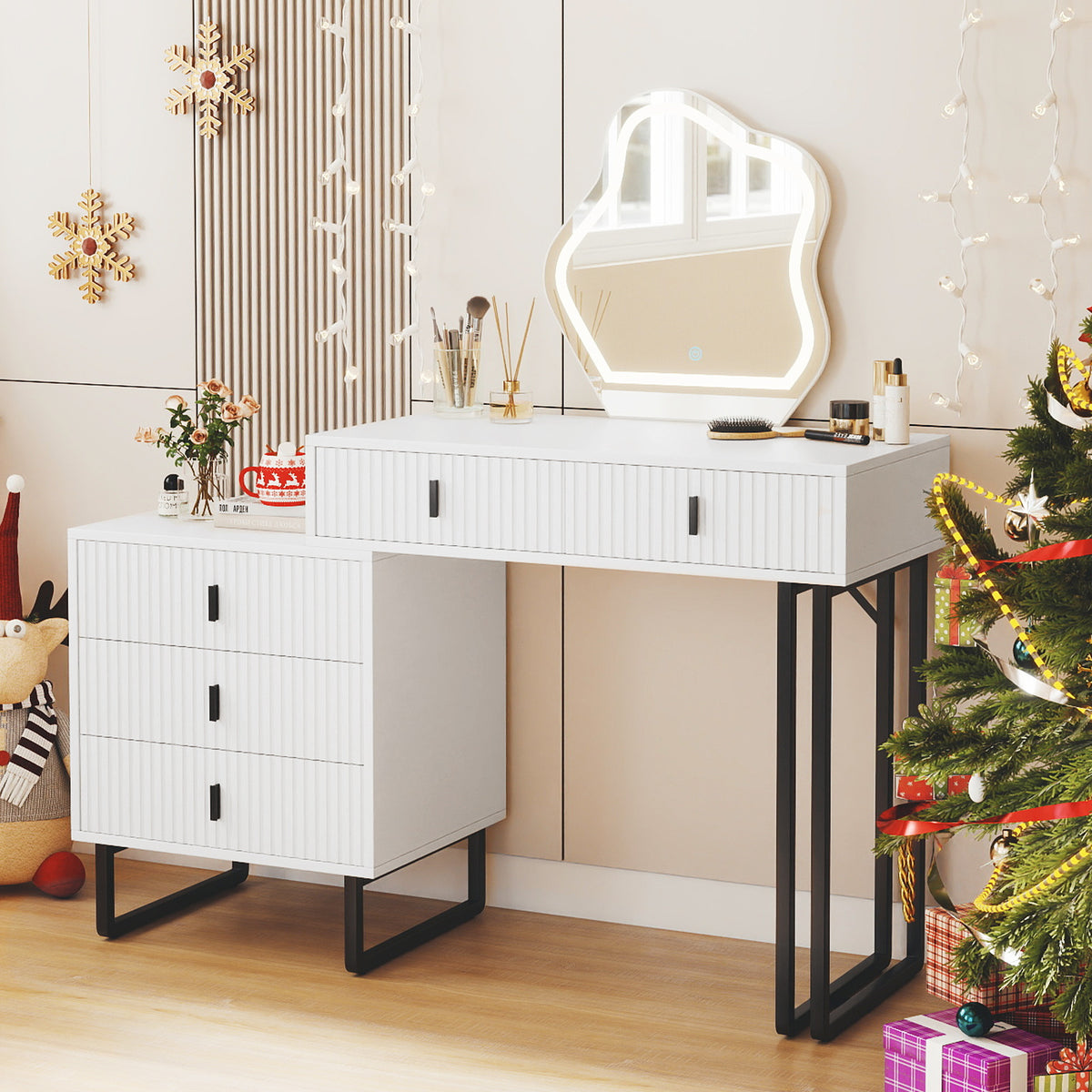 Vanity Desk with Mirror and Lights 3 Lighting Modes Adjustable Brightness-White