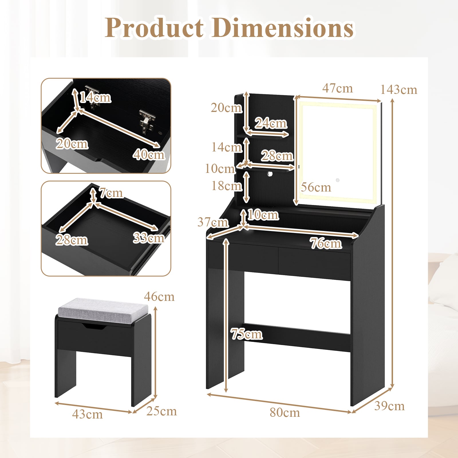 Vanity Desk Set with Built-in Charging Station and Storage Drawers-Black