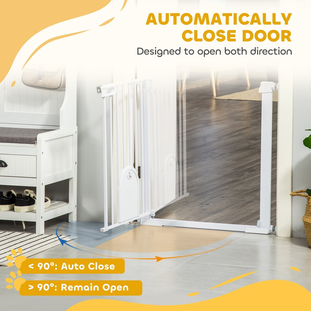 بوابة الكلاب PawHut مع رفرف للقطط، حاجز أمان للحيوانات الأليفة، تثبيت بالضغط للدرج، إغلاق تلقائي، قفل مزدوج، للمداخل والممرات، 75-103 سم أبيض