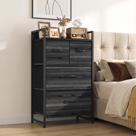 HOMCOM Rustic Chest of Four Fabric Drawers in Black Wood Effect