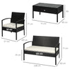 Outsunny 4 Pieces Rattan Garden Furniture Set, 4 Seater Garden Sofa Set with Loveseat, Armchairs and Glass Top Table, Wicker Conservatory Furniture with Cushions for Patio, Balcony, Black