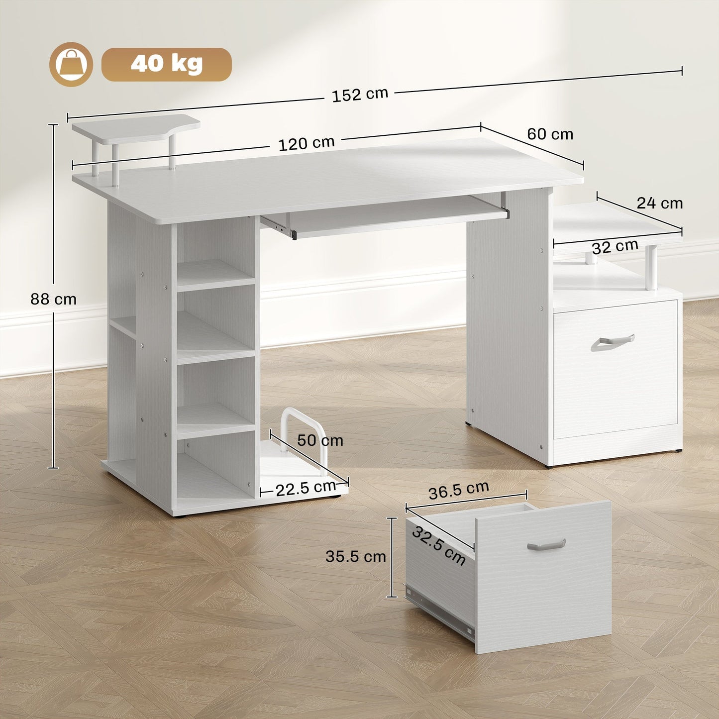 HOMCOM Computer Desk with Drawer Shelves CPU Storage Rack White