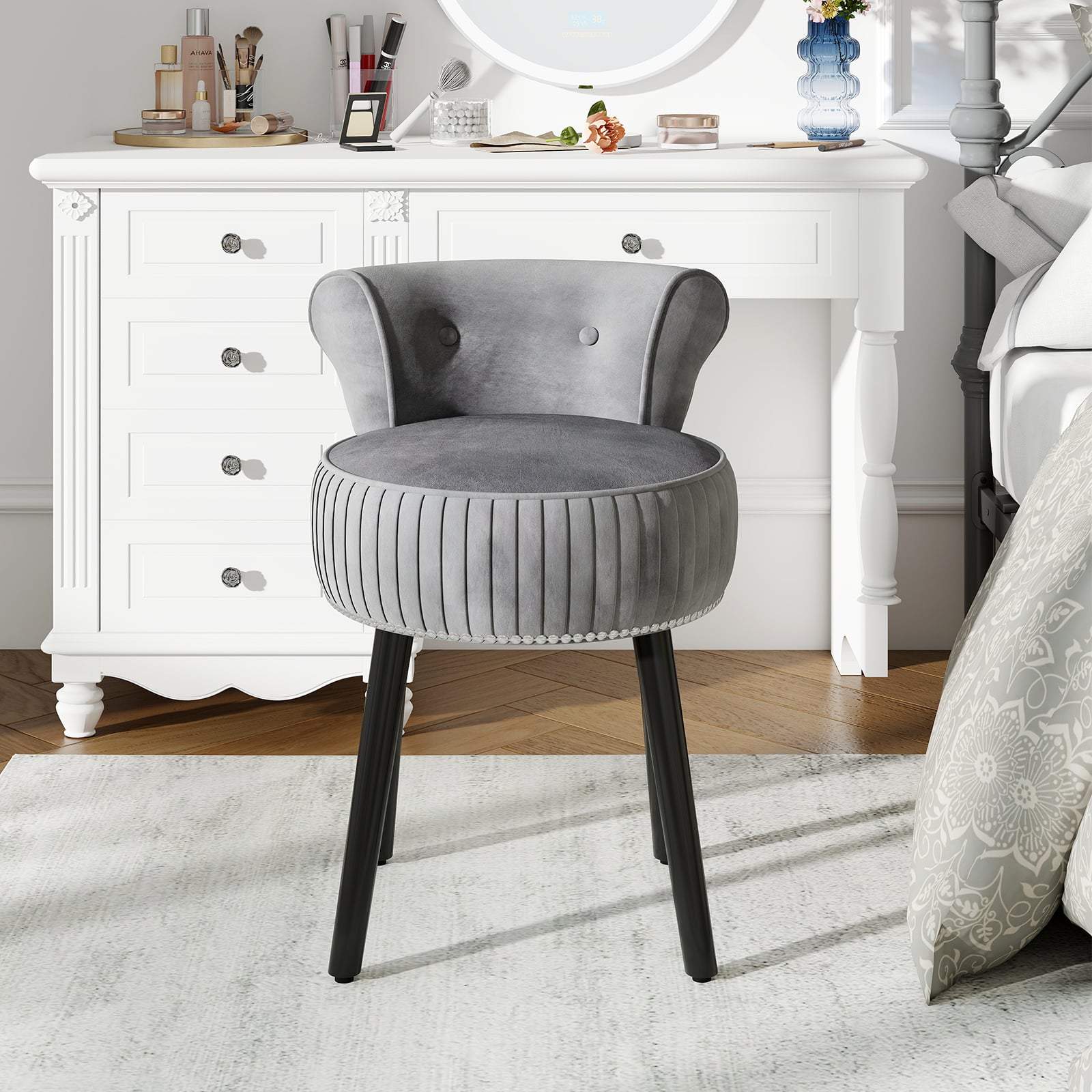Velvet Vanity Chair with Tufted Low Back and Solid Wood Legs-Grey