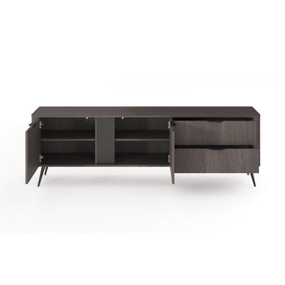 Dark wood sideboard with open doors on a white background