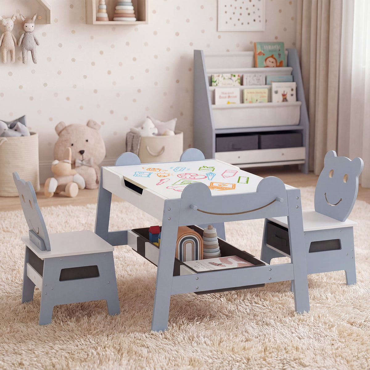 Versatile Kids Table and 2 Chairs Set Wooden Activity Table with Detachable Double-sized Tabletop for boys and girls-Grey