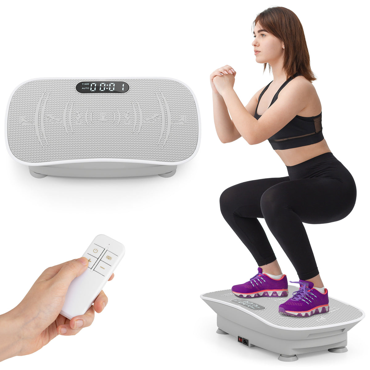 Woman squatting next to the grey exercise machine with remote in hand