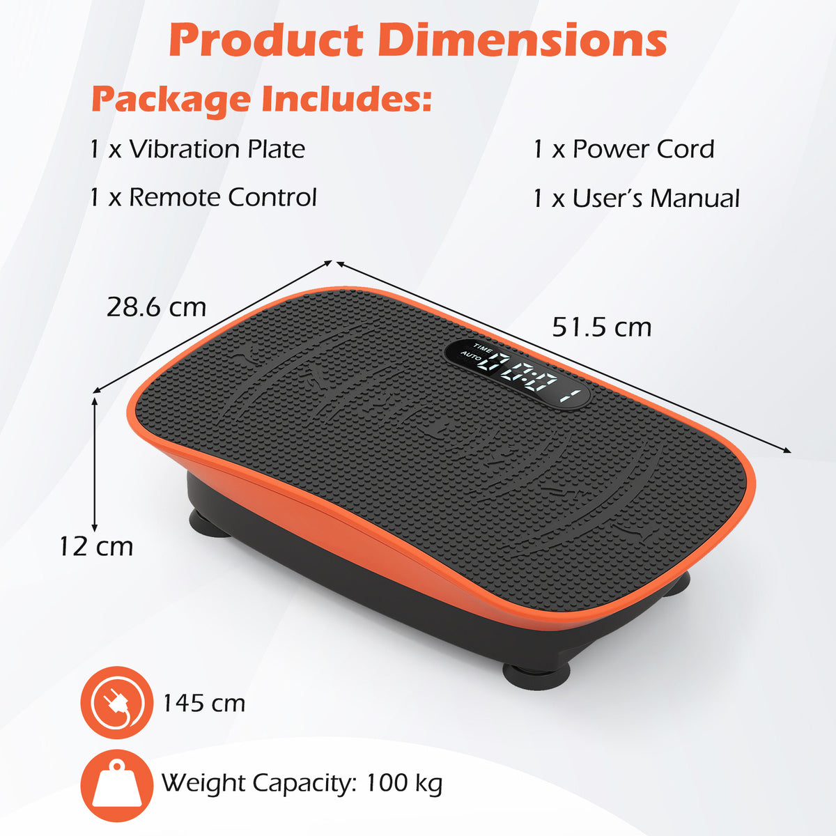 Product dimensions diagram for the orange exercise machine