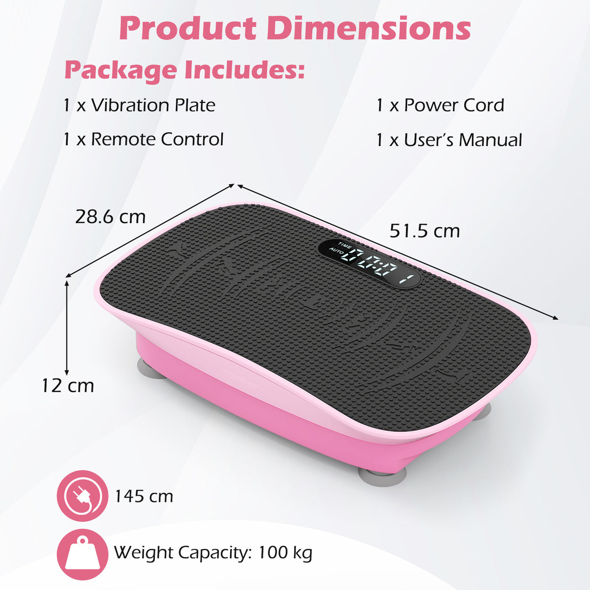 The pink exercise platform with arrows indicating its width height and depth