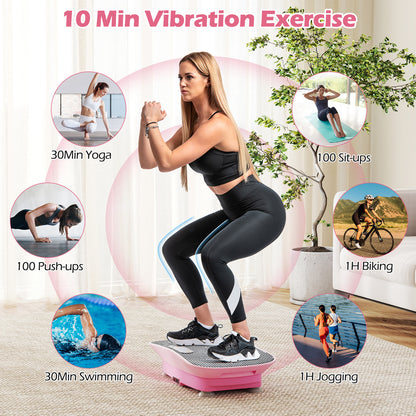 The pink exercise platform with a woman squatting and circular activity insets