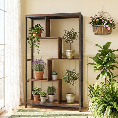 Vintage Open Storage Shelving Unit with Metal Frame for Home Office-Brown
