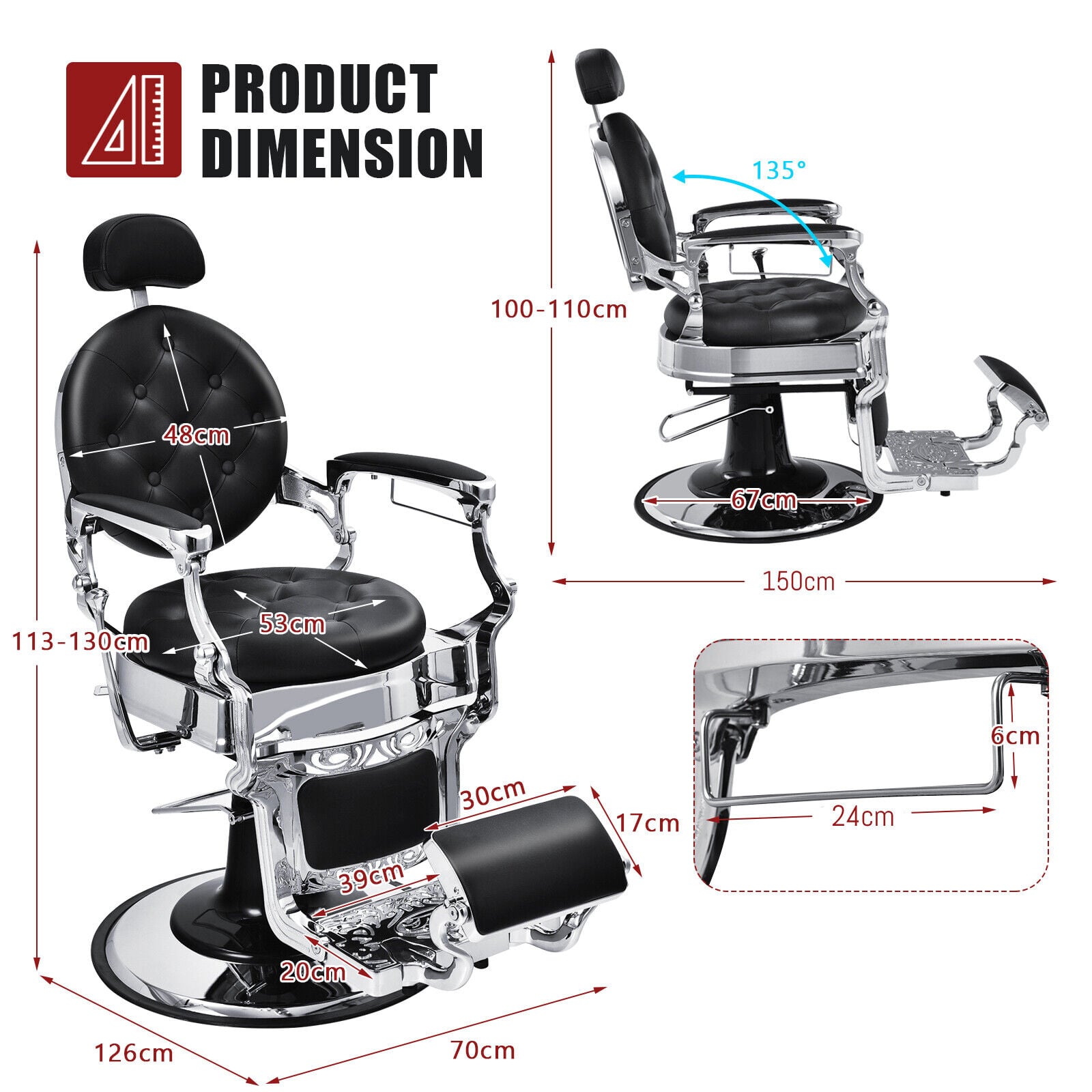 Height Adjustable 360° Swivel Vintage Salon Barber Chair-Black