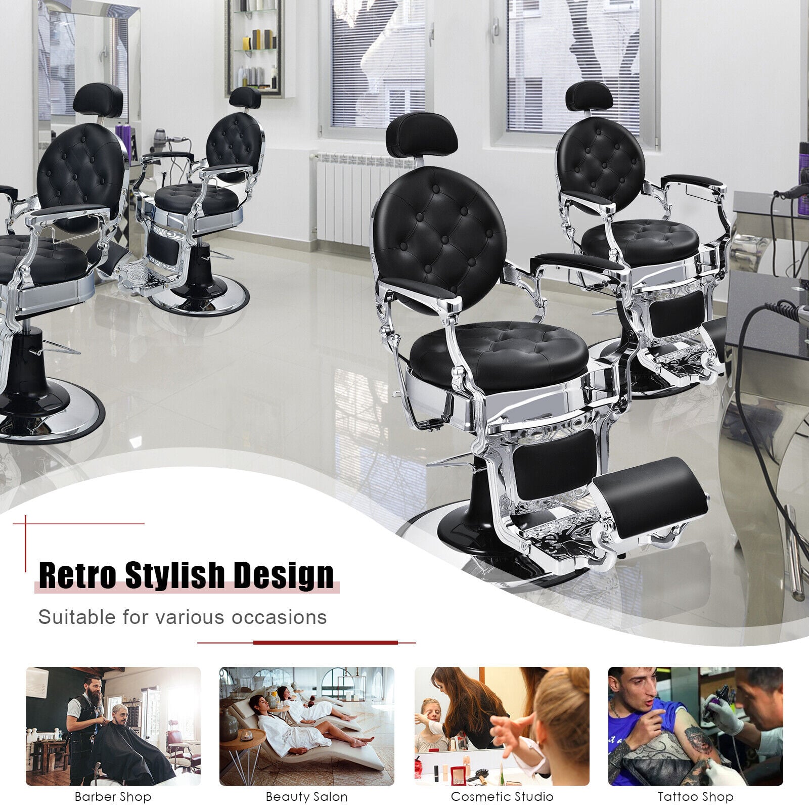Height Adjustable 360° Swivel Vintage Salon Barber Chair-Black
