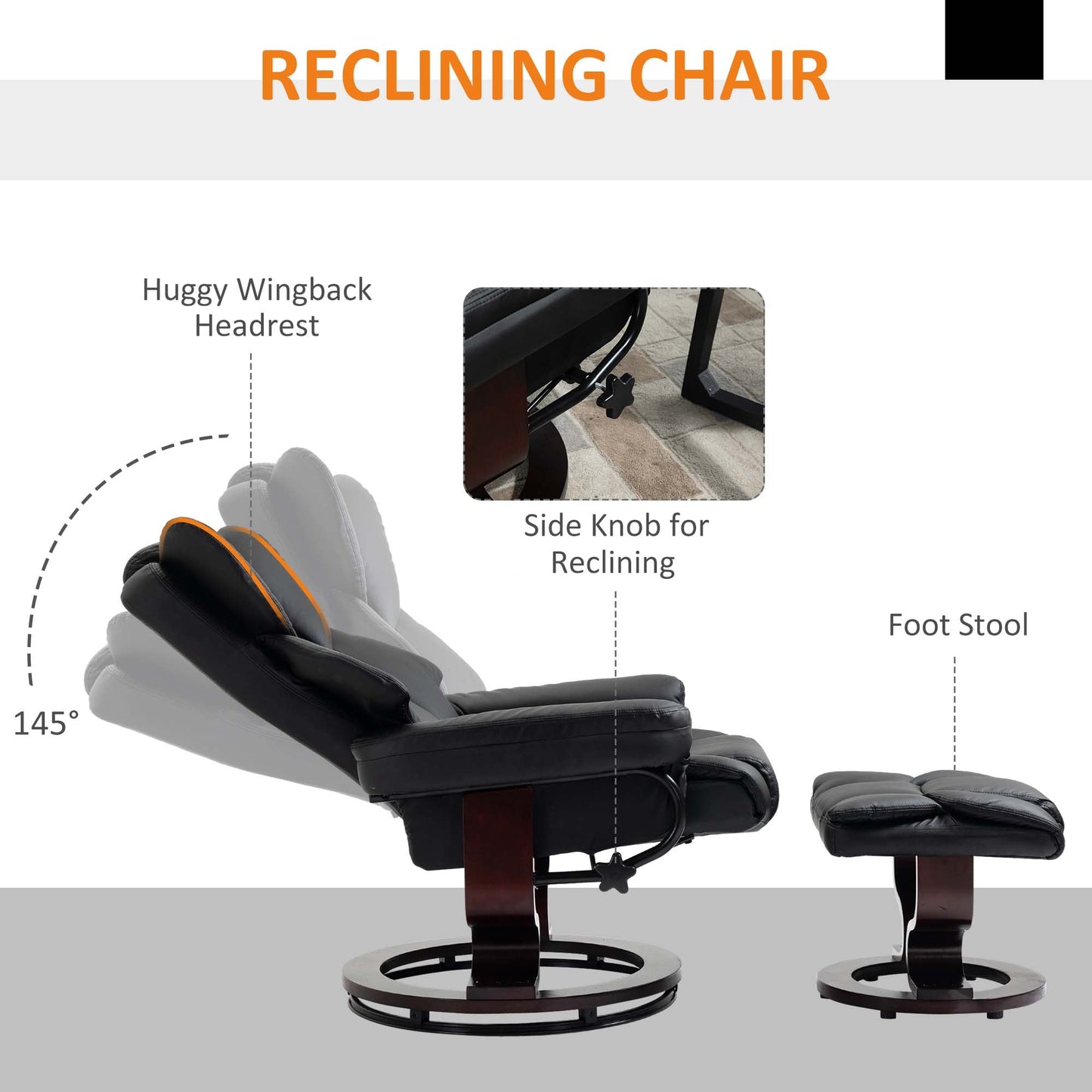 HOMCOM 360 degrees Swivel Recliner Chair with Footstool, PU Leather Manual Recliner Armchair with Footstool, Solid Wood Base, Upholstered Reclining Chair for Living Room, Bedroom, Office, Black