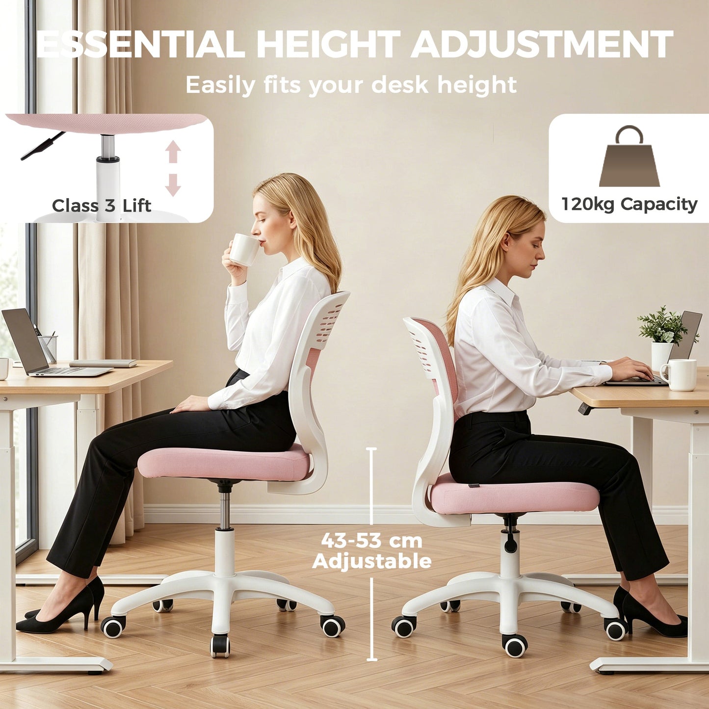 HOMCOM Office Chair, Armless Computer Desk Chair with Breathable Mesh, Adjustable Height, Swivel Wheels, Pink