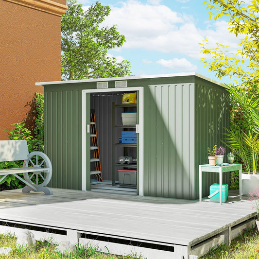 Outsunny سقيفة حديقة معدنية 9 قدم × 4 قدم، بيت أدوات خارجي مع طقم أساسات، فتحات تهوية وأبواب مزدوجة، أخضر فاتح