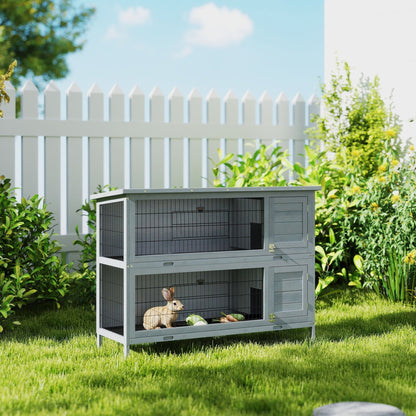 PawHut Rabbit Hutch Outdoor Guinea Pig Hutch Bunny Cage with No-Leak Trays, Divider, 136 x 50 x 93cm, Grey