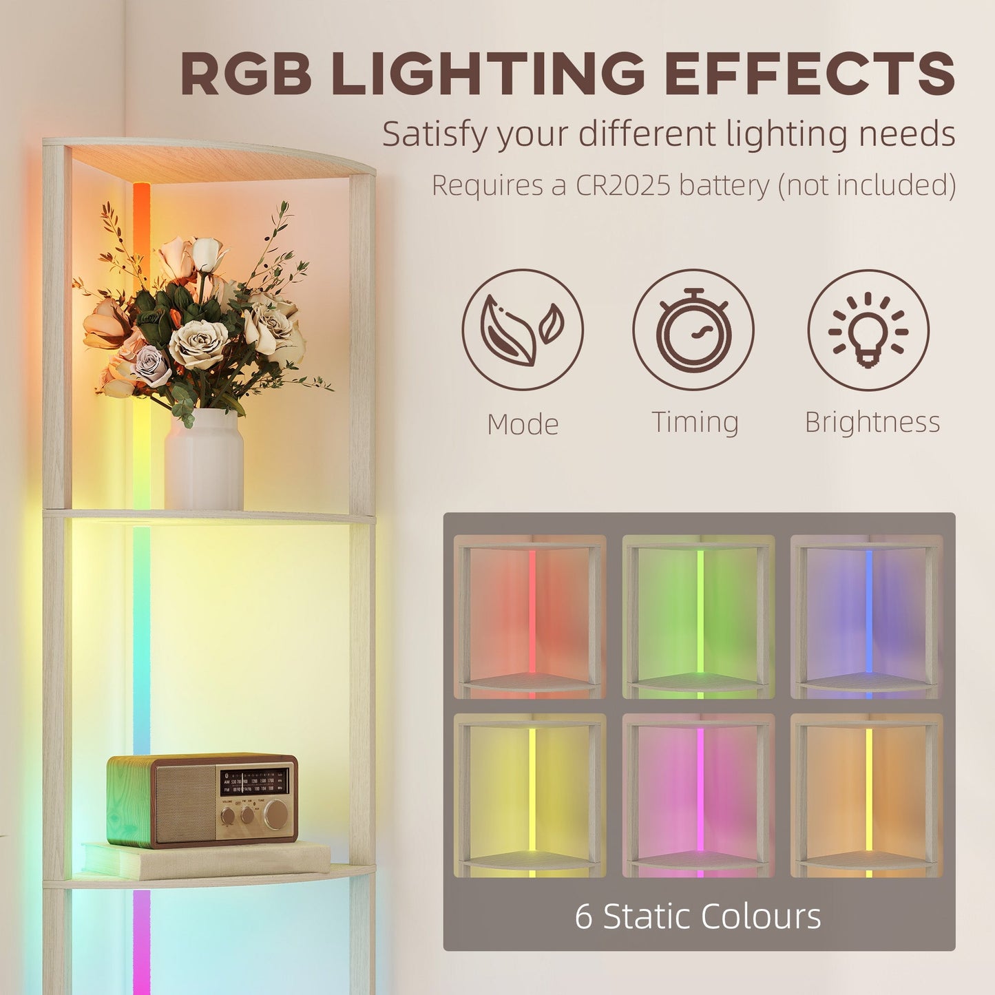 مصباح أرضي LED RGB من HOMCOM مع أرفف، مصباح قائم بذاته قابل للتعتيم بأربع طبقات مع جهاز تحكم عن بعد، بلوطي