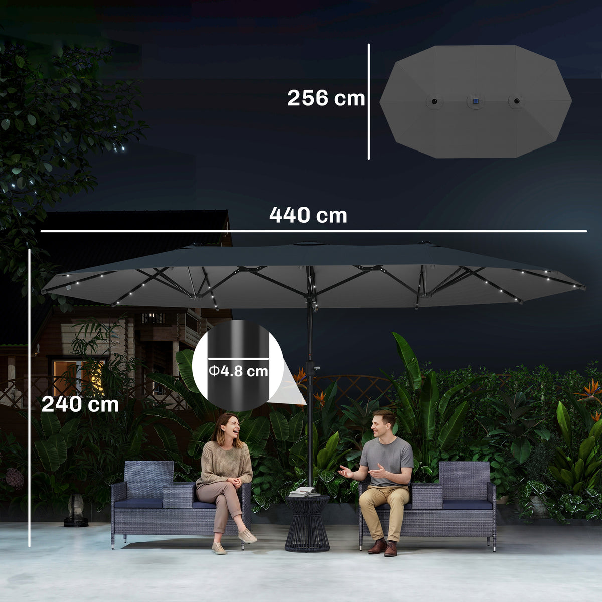 Outsunny 4.4m Double-Sided Sun Umbrella Patio Parasol in Dark Grey