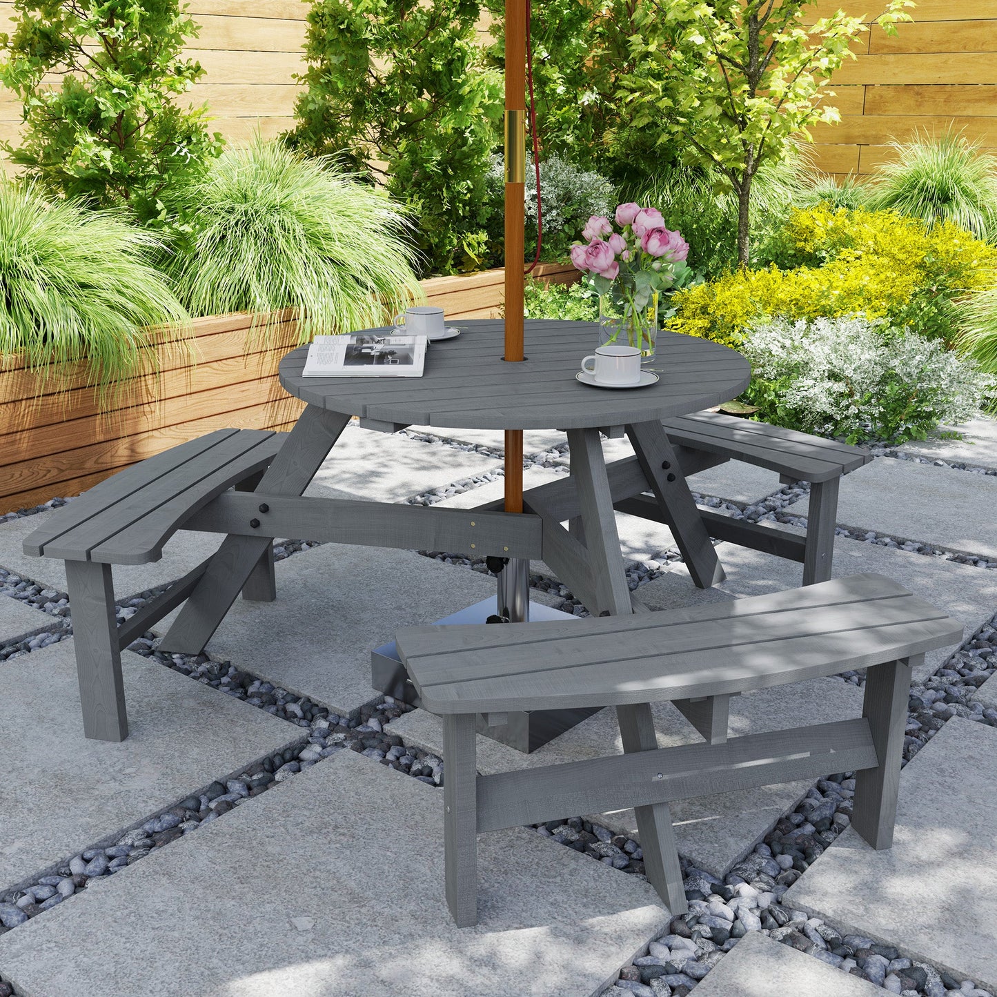 Outsunny Wooden Garden Dining Set, 6 Seater Round Dining Picnic Table with Matching Bench, Garden Furniture Set with Parasol Hole for Outdoor Patio Party and Family Gatherings, Grey