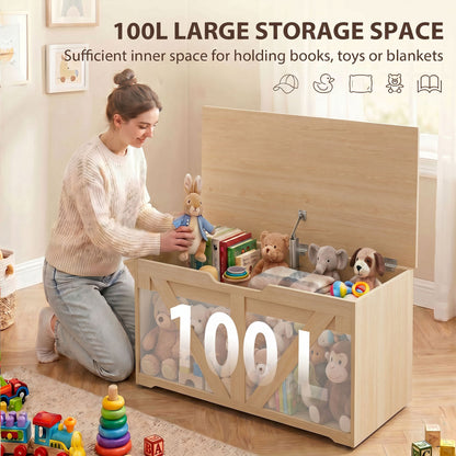 HOMCOM 100L Home Storage Box, with Safety Hinge - Nature Wood Finish