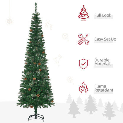 HOMCOM 6.5FT Tall Pencil Slim Artificial Christmas Tree with Realistic Branches, Tip Count and Pine Cones, Pine Needles Tree, Xmas Decoration, Green