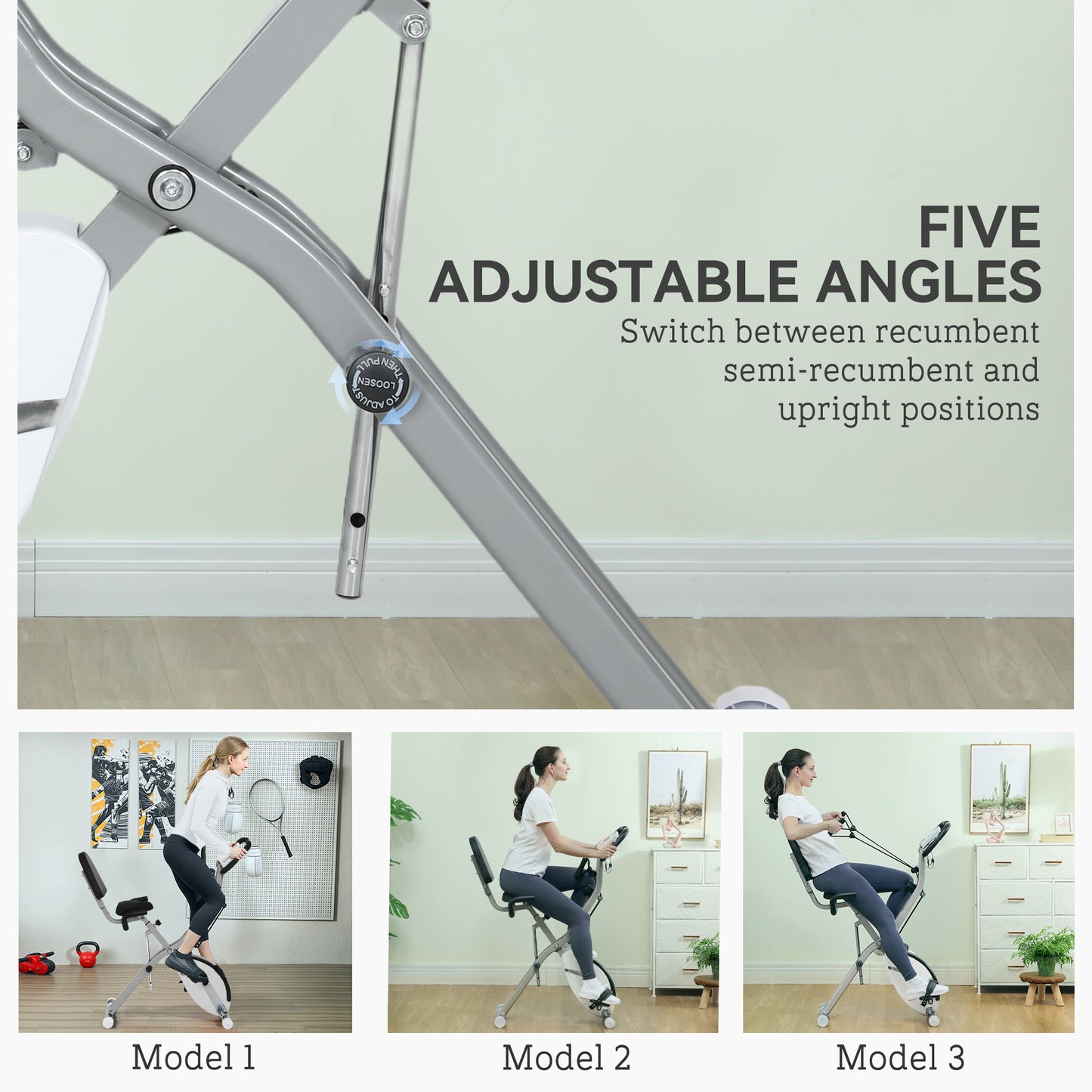 SPORTNOW Five-in-one Foldable Exercise Bike, Stationary Bike with Arm Workout Bands, LDC Monitor, Phone Holder, White