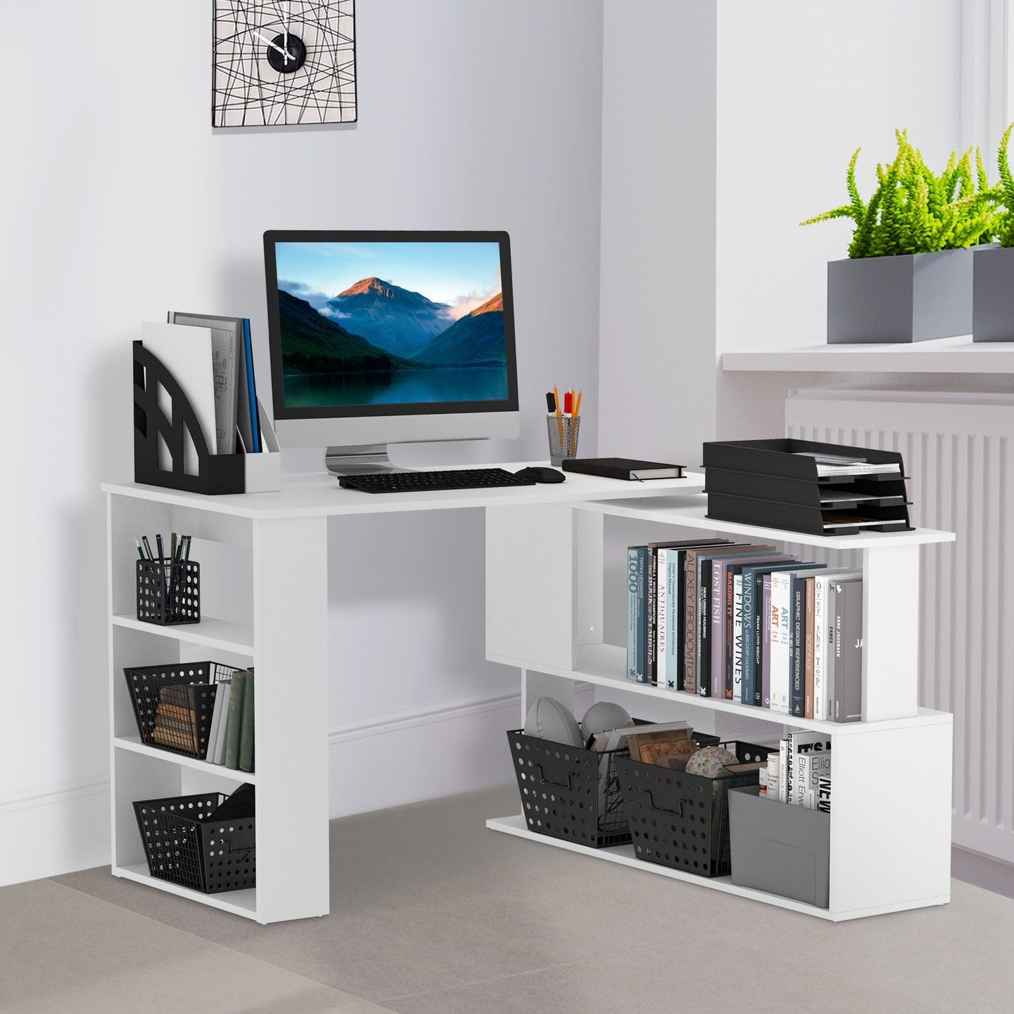 HOMCOM Corner Computer Desk, L Shaped Desk with 360 degrees Rotating Bookshelf, 120L x 110W x 74.5H cm, White
