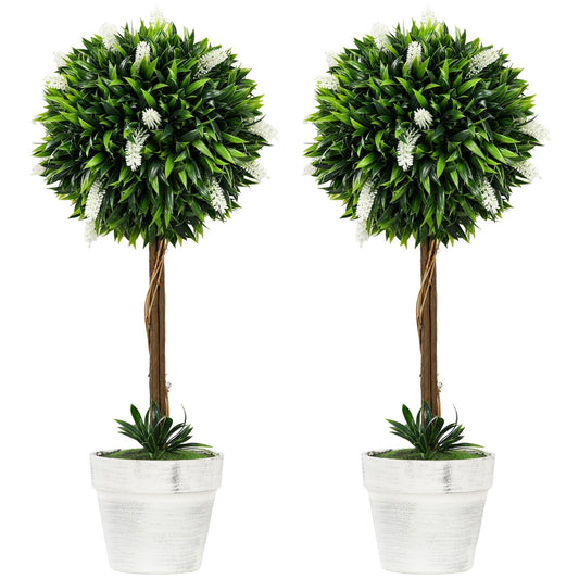 HOMCOM Set of 2 Decorative Artificial Plants Ball Trees with Flower for Home Indoor Outdoor Decor, 60cm,White