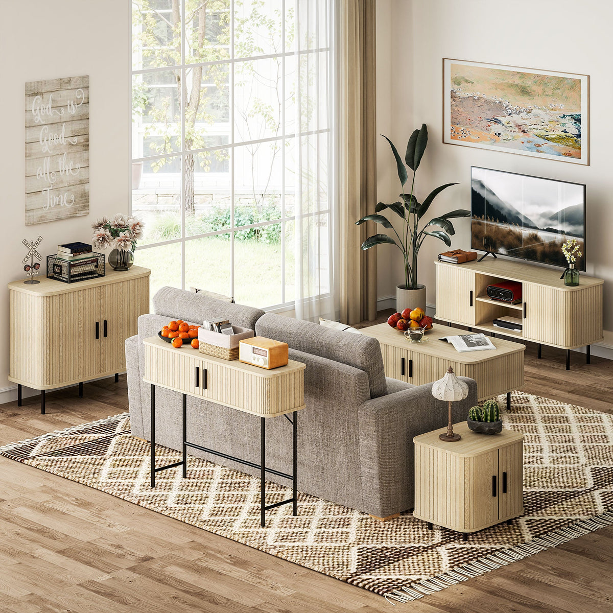 HOMCOM Mid-Century Modern Sideboard Storage Cabinet with Slatted Tambour Sliding Doors, Kitchen Cabinet with Steel Legs, Oak Tone