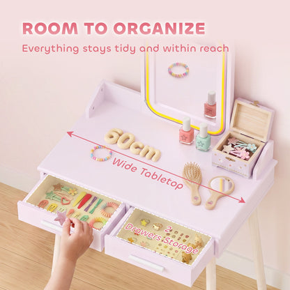 AIYAPLAY Kids Dressing Table, Girls Vanity Set with Stool, 3-Colour LED Lights Mirror, Large Drawer for Ages 3-8, Pink