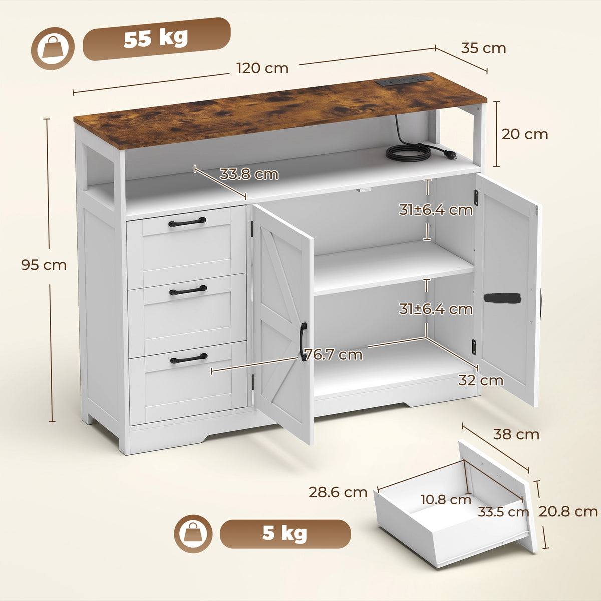HOMCOM Sideboard Cabinet with Power Outlet in White